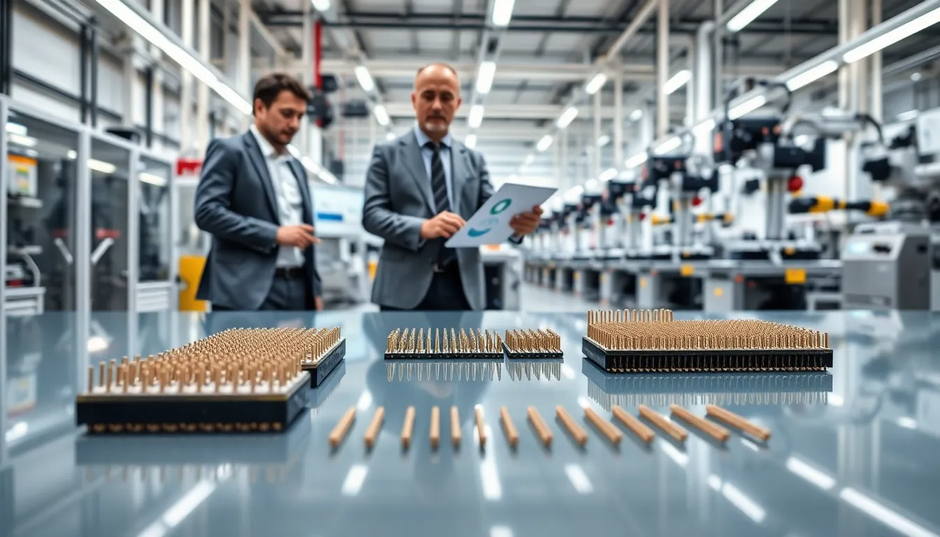 engineers reviewing spring probes in a high tech manufacturing facility