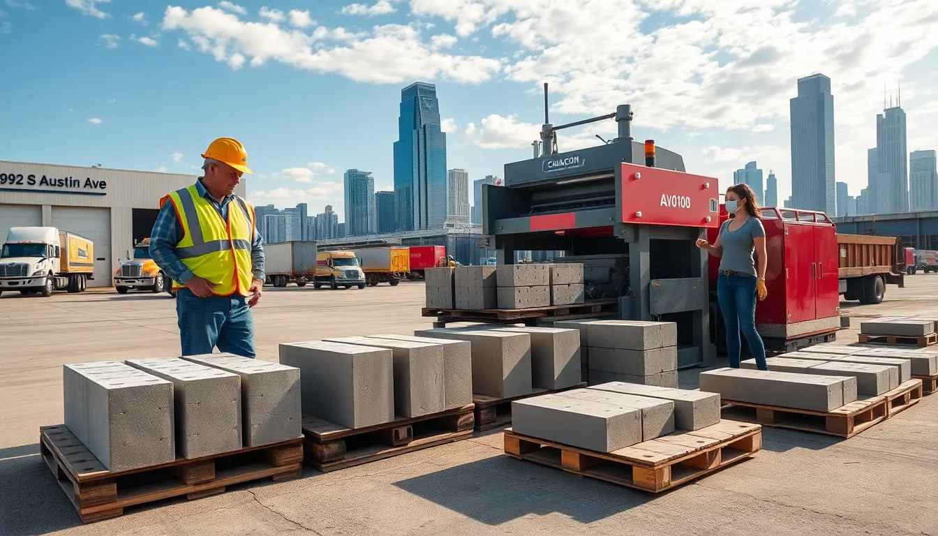 workers operating a block machine on a chicago construction site